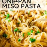 miso pasta with green onions garnish and text overlay.
