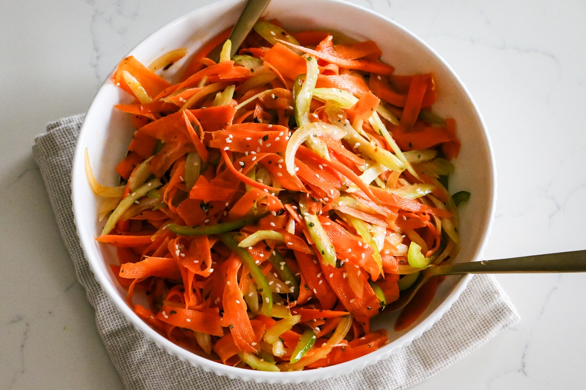 shaved carrot salad with bell peppers and celery.