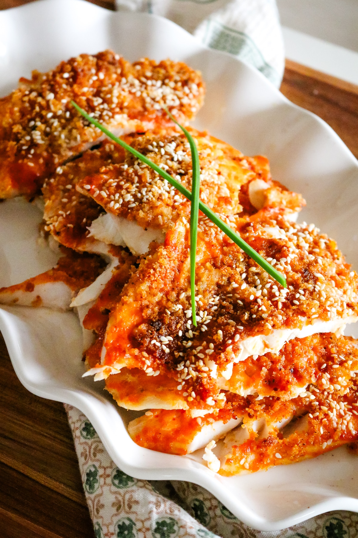 spicy glazed white fish crusted with panko breadcrumbs and sesame seeds.