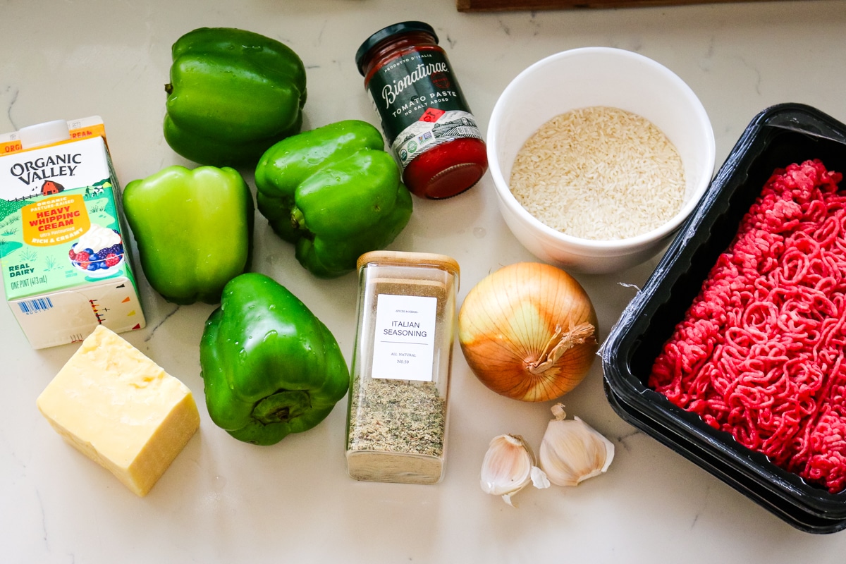 ingredients layed out for stuffed bell peppers.