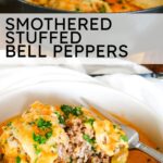 stuffed bell pepper smothered in creamy tomato sauce in a bowl.