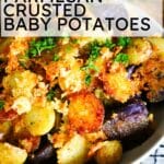 Text graphic reading "PARMESAN CRUSTED BABY POTATOES" over a close-up photo of crispy roasted potatoes.